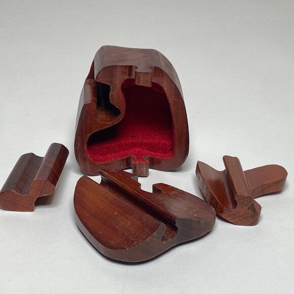 Vintage Wooden Apple Puzzle Box 4 Pieces Trinket Jewelry Container Felt Lining - Picture 5 of 7